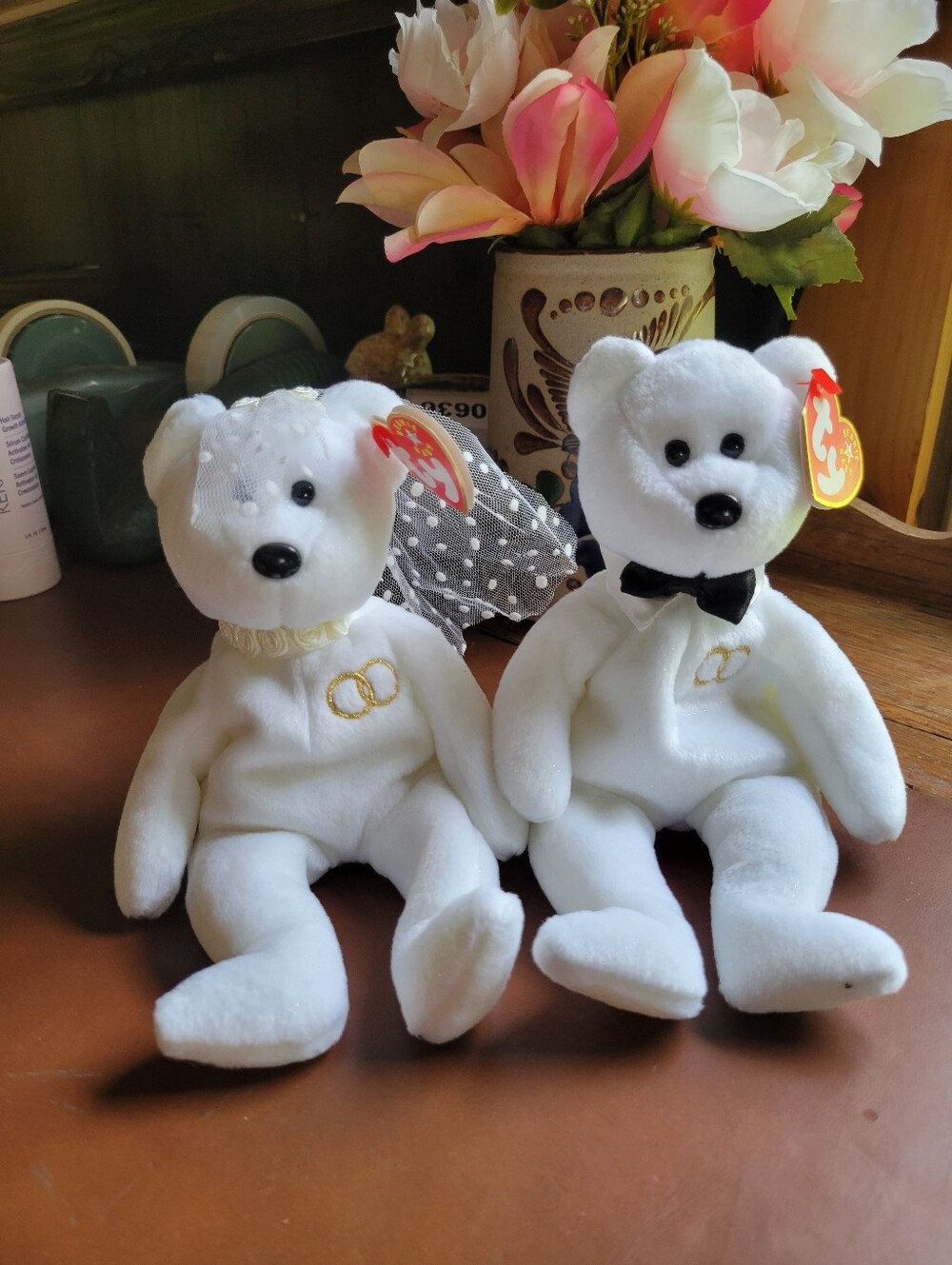 Ty Beanie Bear Wedding Couple Mr. & Mrs. White Bride Groom Set 2001